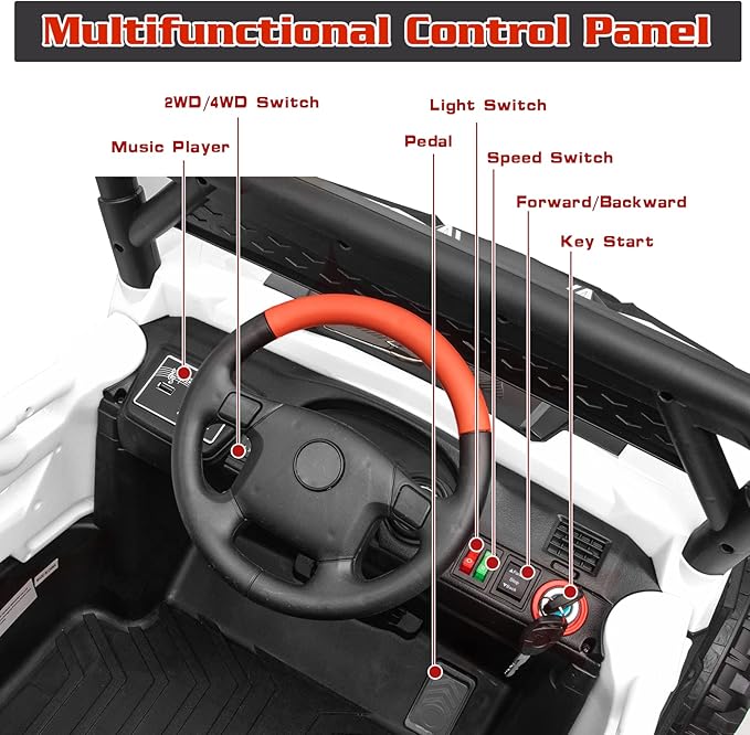 24V Ride On Car for Kids, 4x4 Kids Electric Car with Remote Control Off Road, Children Car with Bluetooth 3 Speeds LED Lights Storage Trunk,White-BubblyBeeBaby