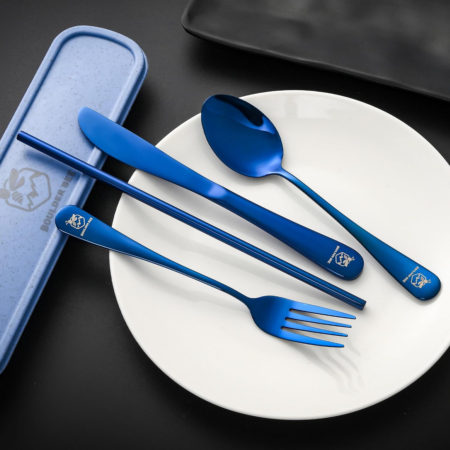Boulder Bee | Travel Utensils Set | Reusable Camping Cutlery Set | Stainless Steel Flatware Set | Portable Silverware Set with Case | Includes Knife/Fork/Spoon/Straw/Cleaning Cloth/Case (Blue)