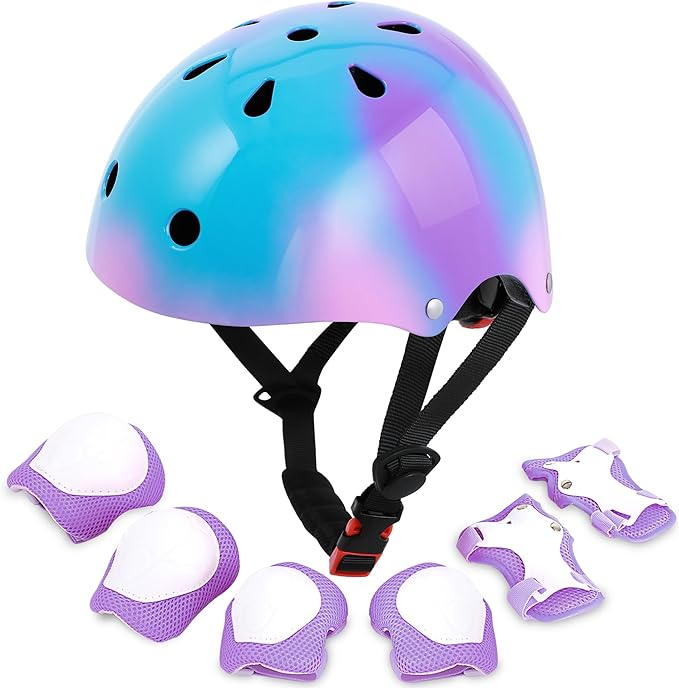Kids Bike Helmet with DIY Stickers and Knee Pads Elbow Pads Wrist Guard Set for Ages 3-8-14 Toddler Boys Girls Helmet for Roller Skates Cycling Skateboarding Bicycle Scooter-BubblyBeeBaby