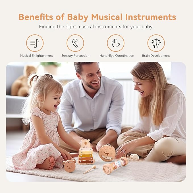 IEATFO Baby Musical Instruments - Your Child's First Musical Toys with Castanet Rainmaker Tambourine Xylophone - Baby Friendly Design Wooden Instruments Set Grow with Your Boys and Girls-BubblyBeeBaby