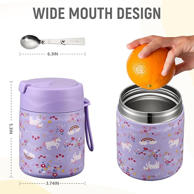 17oz Soup Thermo for Hot Food Kids Insulated Vacuum Food Jar with Stainless Steel Spoon Wide Mouth Thermo Leakproof Lunch Food Container Kids Hot Lunch Box (Purple-Horse)-BubblyBeeBaby