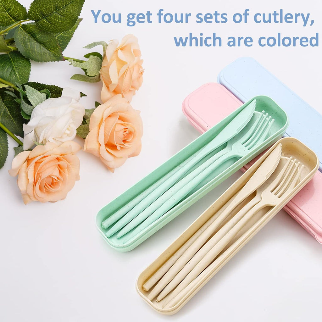 4 Sets Reusable Travel Utensils Set with Case, TWUTGAYW Portable Camping Utensil Set, BPA Free Spoon Knife Fork Chopsticks Tableware for Kids, Plastic Cutlery Set for Lunch Picnic Daily Use(4 Colors)
