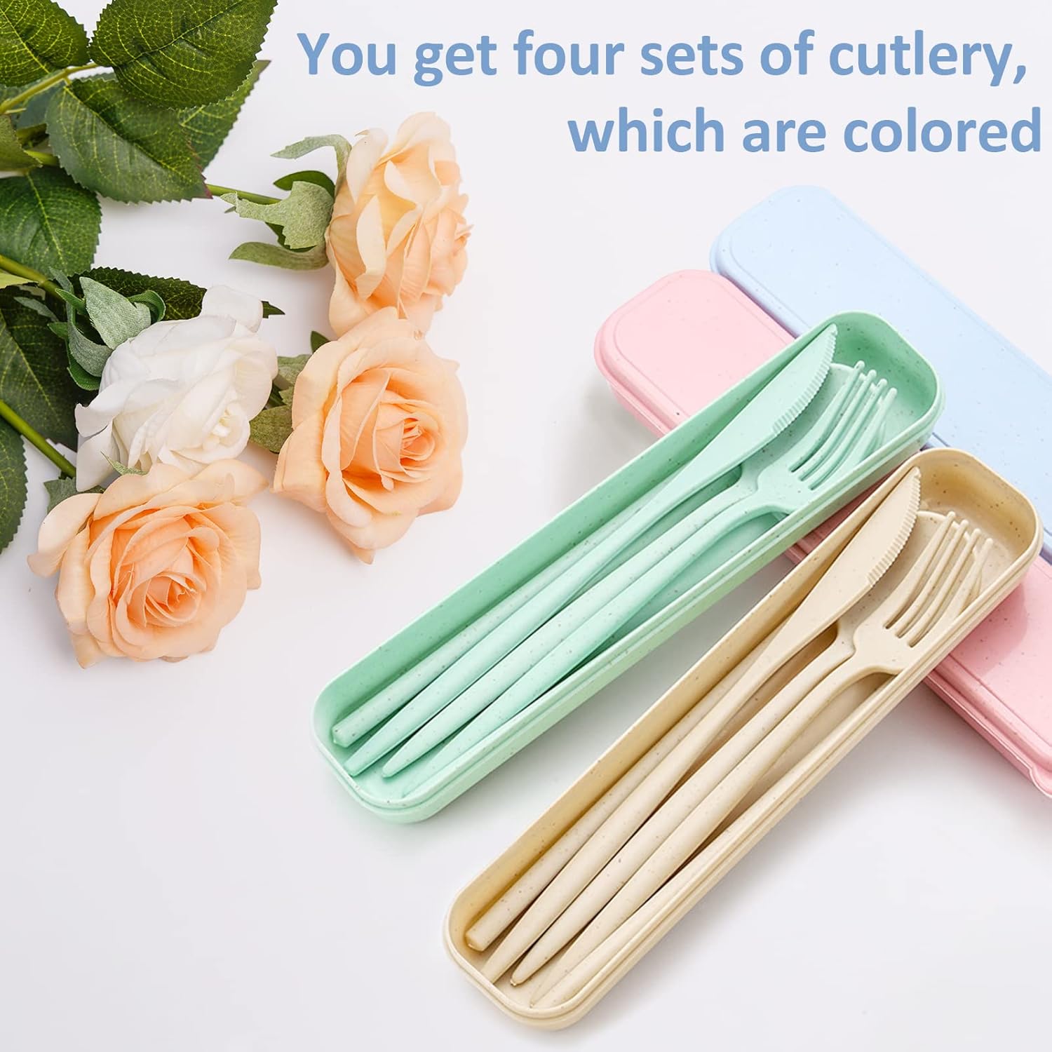 4 Sets Reusable Travel Utensils Set with Case, TWUTGAYW Portable Camping Utensil Set, BPA Free Spoon Knife Fork Chopsticks Tableware for Kids, Plastic Cutlery Set for Lunch Picnic Daily Use(4 Colors)