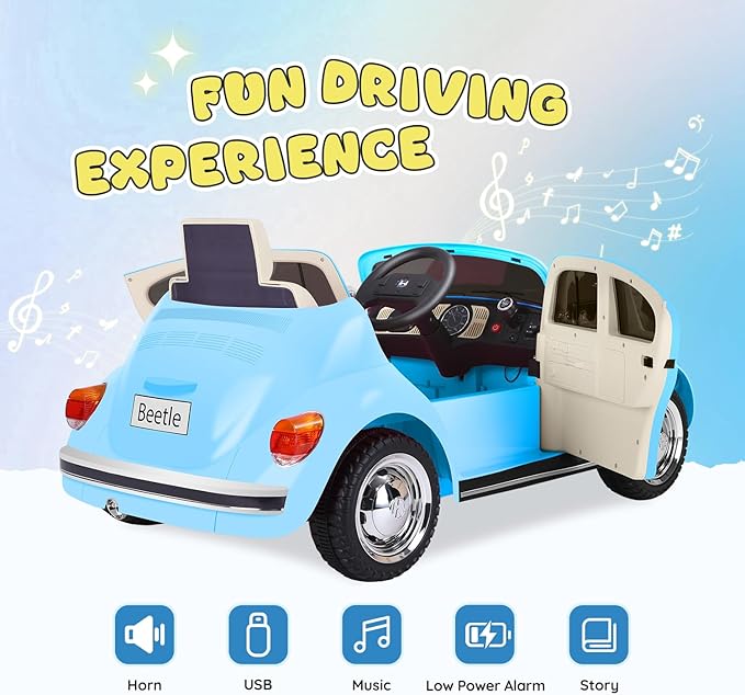 12V Kids Electric Car, Power Wheels with Remote Control, Ride on Car Toys with LED Light, 3 Speeds, Music, Blue-BubblyBeeBaby