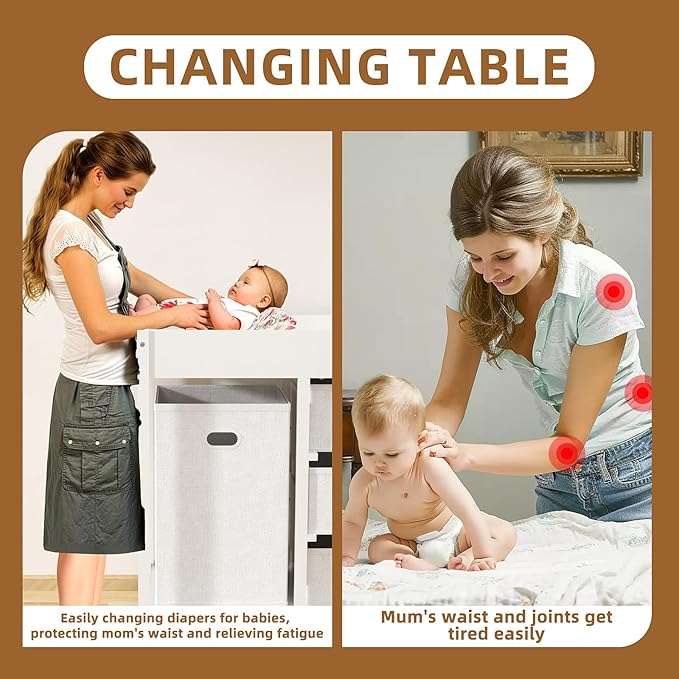 YUFU Baby Changing Table, Diaper Changing Table with Laundry Hamper, 3 Storage Drawers and Pad, Wooden Infant Diaper Changing Station, White-BubblyBeeBaby