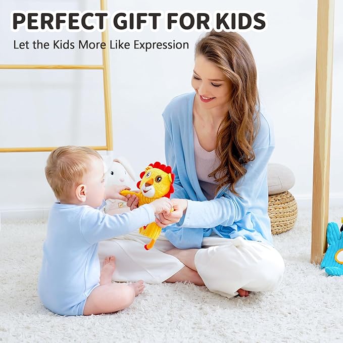 Jollybaby Hand Puppets Baby Toy 0-6-12 Months, Plush Stuffed Animal Hand Puppets Toys for Kids，Sensory Doll with Rattle and Mirror for Toddler，Social Emotional Play Therapy Toys for Boy Girl Gift-BubblyBeeBaby