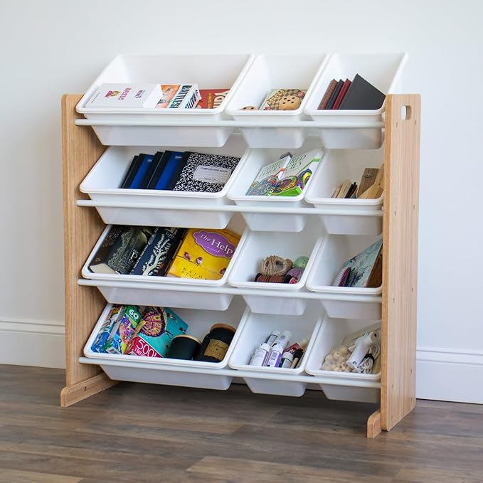 Humble Crew Kids Toy Storage Organizer with 12 Plastic Bins, Natural Wood/White – Removable Bins for Playroom, Bedroom, Toddler Furniture for Boys and Girls Ages-BubblyBeeBaby