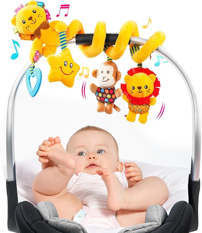 Jollybaby Crib Stroller Car Seat Toys for Baby 0-3-6-9-12 Months, Tummy Time Hanging Sensory Toys for Newborn with Music Box and Teether, Spiral Carseat Toy for Infant Boys Girls Gifts (Little Lion)-BubblyBeeBaby