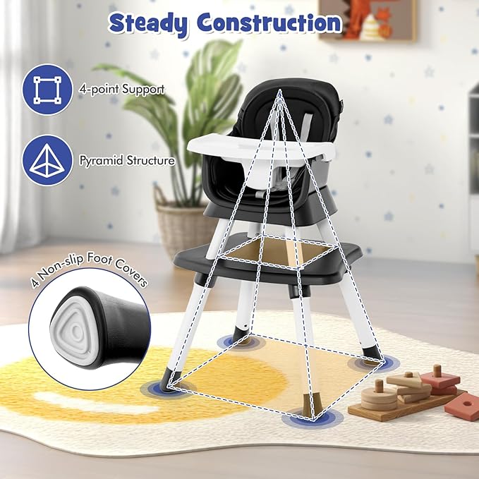 HONEY JOY 8 in 1 Baby High Chair, Convertible Highchair for Babies and Toddlers/Table and Chair Set/Building Block Table/Booster Seat/Stool/Toddler Chair with Safety Harness (Black)-BubblyBeeBaby