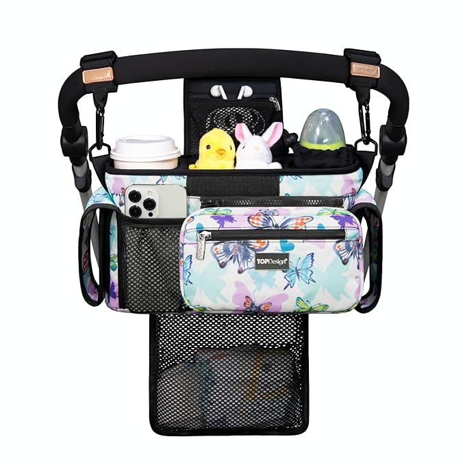 TOPDesign Universal Baby Stroller Organizer, Stroller Caddy with Detachable Mesh Bag & Heightened Insulated Cup Holders & Non-Slip Secure Hooks Accessories, Fits Most Strollers (Butterfly)-BubblyBeeBaby