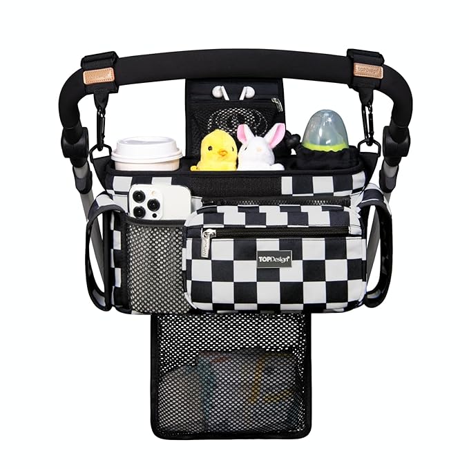 TOPDesign Universal Baby Stroller Organizer, Stroller Caddy with Detachable Mesh Bag & Heightened Insulated Cup Holders & Non-Slip Secure Hooks Accessories, Fits Most Strollers (Checkerboard)-BubblyBeeBaby