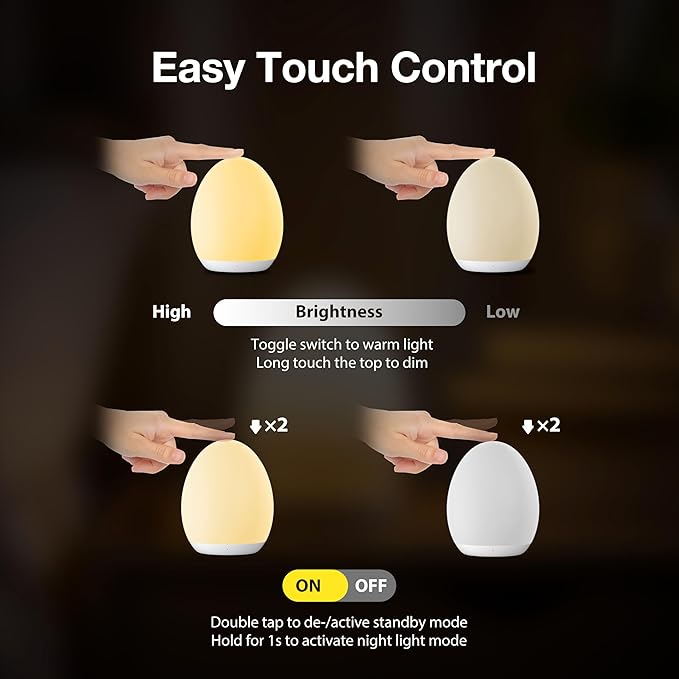 JolyWell Night Light for Kids, Baby Egg Light with 7 Colors Changing Mode & Stepless Dimming, Nursery Night Lamp BPA Free,Rechargeable Egg Night Light for Breastfeeding 1h Timer & Touch Control, Wood-BubblyBeeBaby