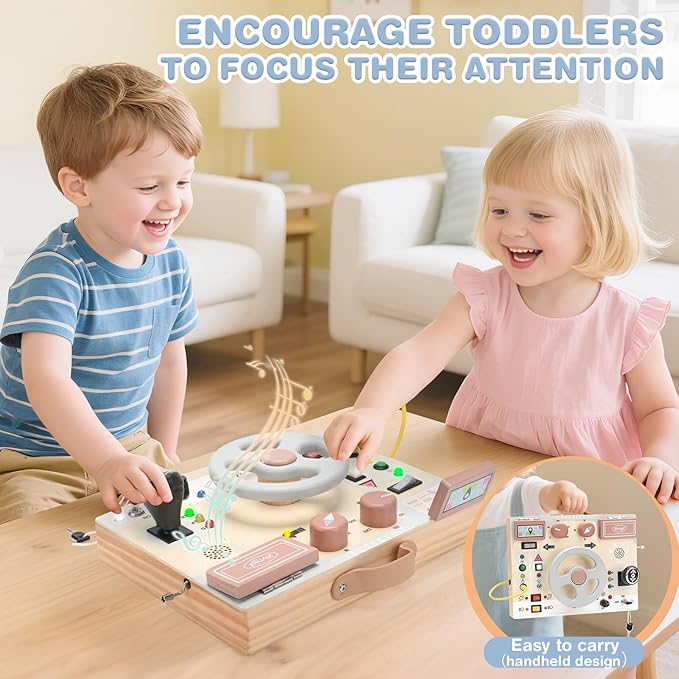 Joyreal Montessori Toddler Busy Board - Montessori Toys for 1 2 3 Years Old, Wooden Sensory Board with LED Lights, Steering Wheel, Music Player, Travel Toys for 1+ Year Old Boy & Girl Birthday Gift-BubblyBeeBaby