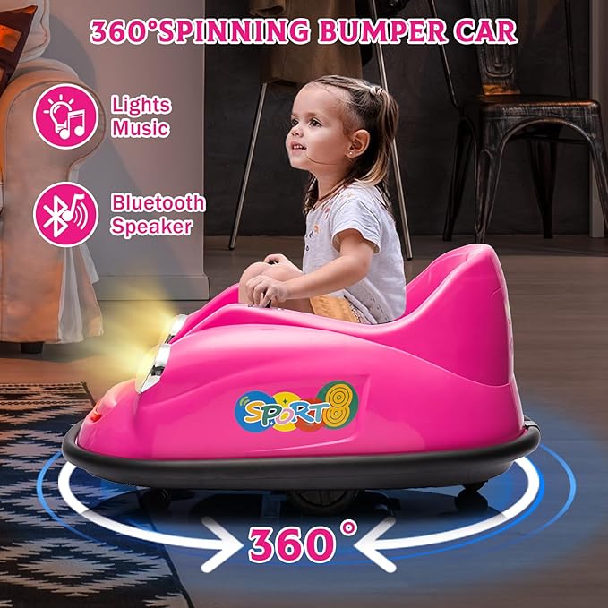 12V Bumper Car for Toddlers, Electric Toy Ride on Battery Car with Kids W/Parent Remote Control, 2-Speed, 360 Degree Spin, Music & LED Lights for Kids, Pink-BubblyBeeBaby