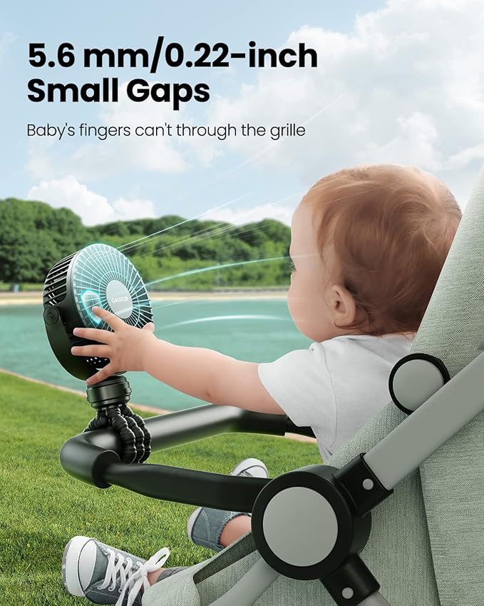 Gaiatop Mini Portable Stroller Fan, Battery Operated Small Clip on, Detachable 3 Speed Rechargeable, 360° Rotate Flexible Tripod Better Cooling for Car Seat Crib Treadmill Travel Black-BubblyBeeBaby