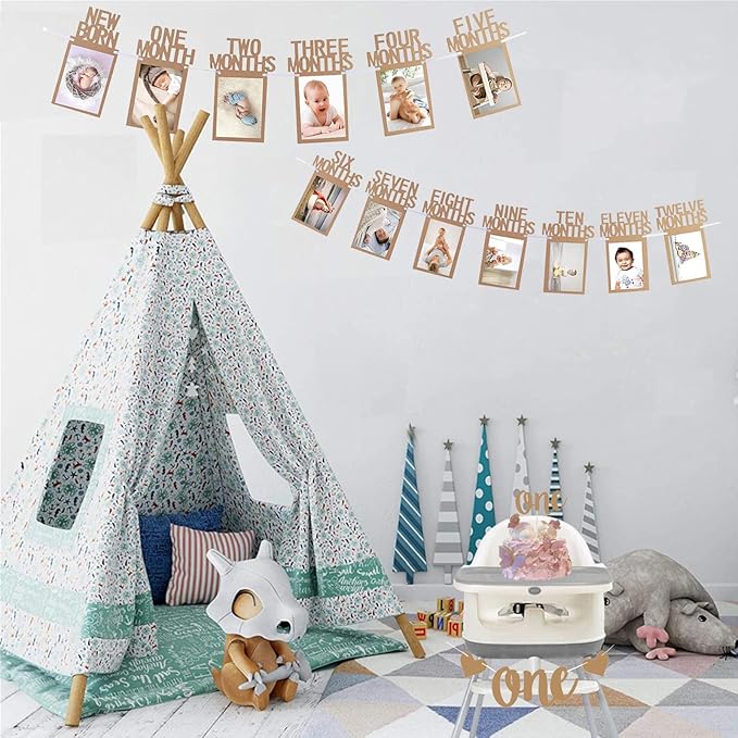 1st Birthday Photo Banner Decorations Monthly Milestone Photograph Bunting Garland with First Birthday Cake Topper High Chair Banner 1st Birth Decorations-BubblyBeeBaby