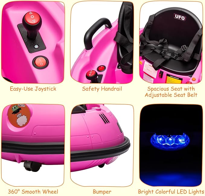12V Electric Ride on Bumper Car for Toddlers, Kids Bumper Car with Remote Control, 360 Degree Spin, LED Lights, Dual Joysticks, Safety Belt for 18+ Months Kids, Pink-BubblyBeeBaby