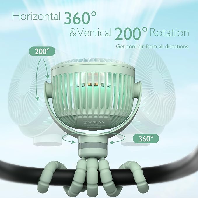 Momcozy Portable Stroller Fan, 8000mAh, 27H Ultra-long Battery Life, Detachable 4 Speed 360°Rotate, LED Night Light with 2 Modes, USB Rechargeable Handheld Cooling Fan for Travel, Car Seat, Bedroom-BubblyBeeBaby