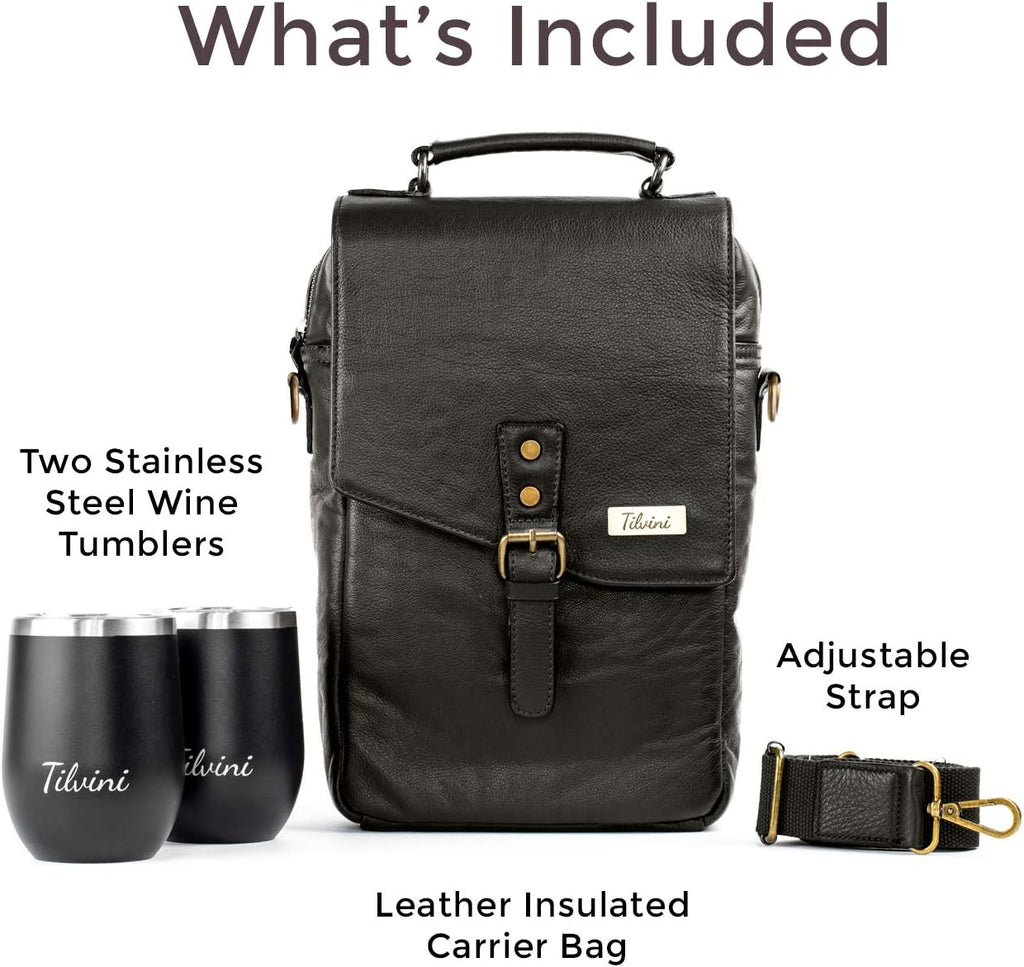 Leather Wine Bag & Wine Tumblers Set. Wine Gifts For Men Birthday. Leather Wine Carrier. Unique Insulated Cooler Bag Bottle Carrier. Wine Tote Bags For Travel Beach. Wine Lovers Picnic Idea