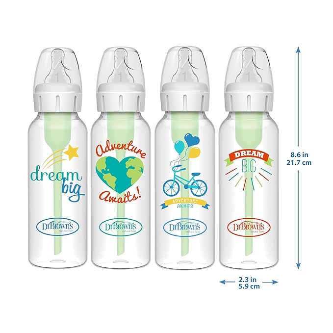 Dr. Brown's Natural Flow Anti-Colic Options+ Narrow Baby Bottle, Dream Adventure, 8 oz/250 mL, with Level 1 Slow Flow Nipple, 0m+, 4 Count (Pack of 1)-BubblyBeeBaby