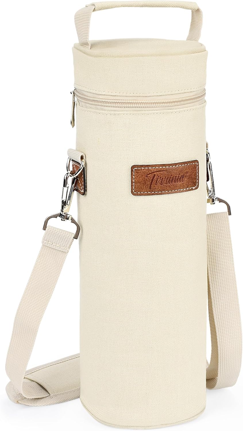 Tirrinia Single Wine Cooler Bags - Insulated & Padded Portable Wine Gift Tote Carrier for Travel, BYOB Restaurant, Wine Tasting, Party, Great Gift for Wine Lover, Beige