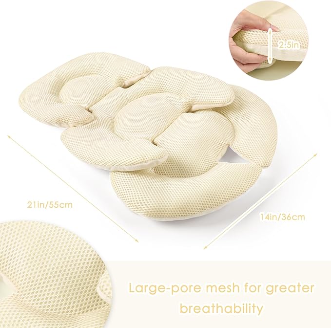 Infant Car Seat Insert for Newborn Girls Boys, Summer Mesh Baby Carseat Head Support with Strap Pads, Soft Reversible Baby Car Seat Insert Cushion Pad for Car Seat, Stroller, Bouncer, Swing, Beige-BubblyBeeBaby