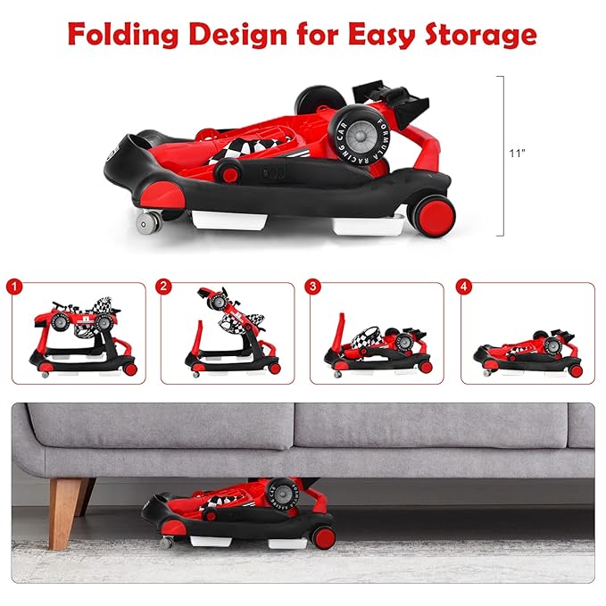 HONEY JOY 4-in-1 Baby Walker, Activity Push Walker w/3 Adjustable Heights, Smooth Wheels w/Adjustable Speed, Padded Seat, Music & Light, Foldable Car Walker for Baby Boys Girls Age 6 Months+ (Red)-BubblyBeeBaby