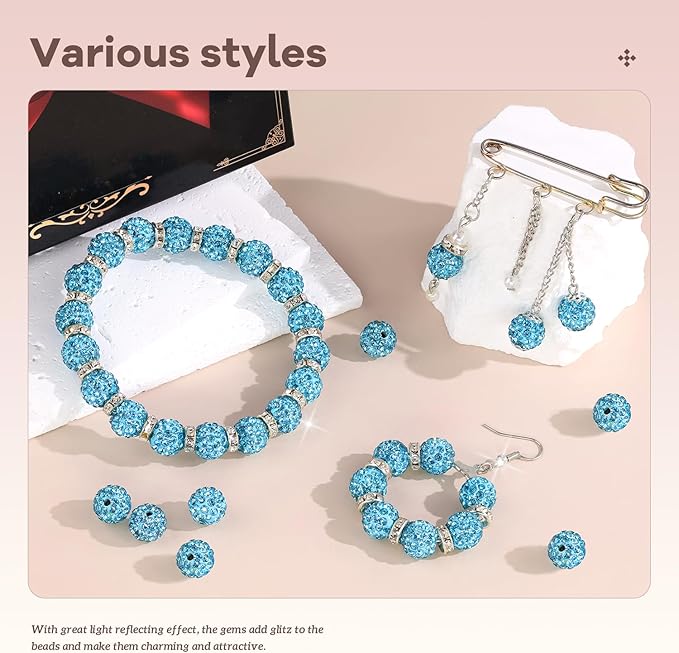 160pcs 10mm Rhinestone Beads for Jewelry Making, Aquamarine Shiny Round Disco Ball Beads Bulk, Sparkle Crystal Clay Christmas for Bracelet Baseball Necklace Earring Crafting and DIY-BubblyBeeBaby