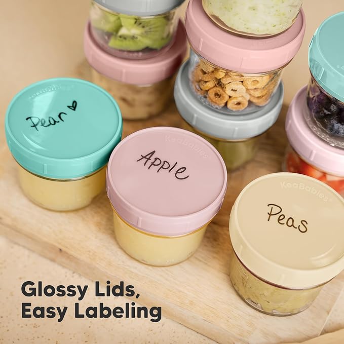 KeaBabies 12pk 4oz Glass Baby Food Containers with Lids - Leak-Proof, Microwavable Small Glass Jars, Baby Purees & Toddler Snack Storage Containers, BPA-Free, Dishwasher & Freezer Safe (Pastels)-BubblyBeeBaby