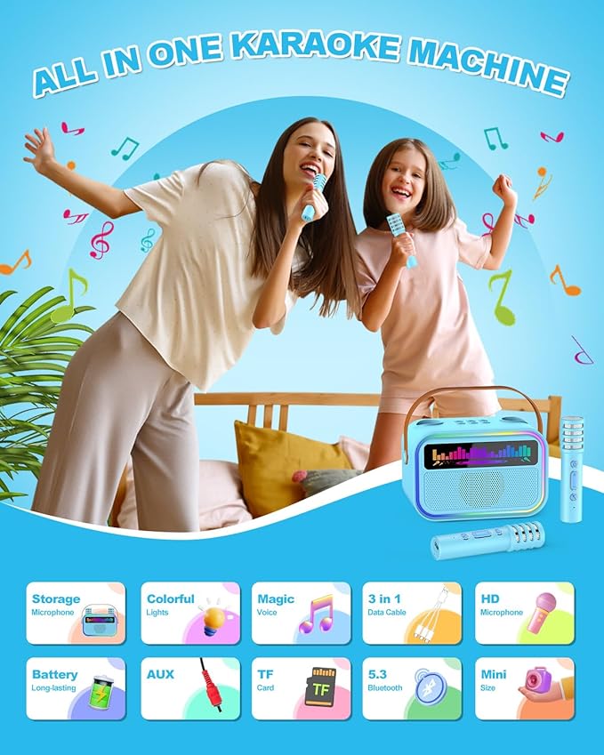 Karaoke Machine for Kids Adults, Birthday Gifts Toys for Girls Boys Age 3-12+,Mini Portable Bluetooth Singing Speaker with 2 Wireless Microphones & LED Lights (Blue)-BubblyBeeBaby