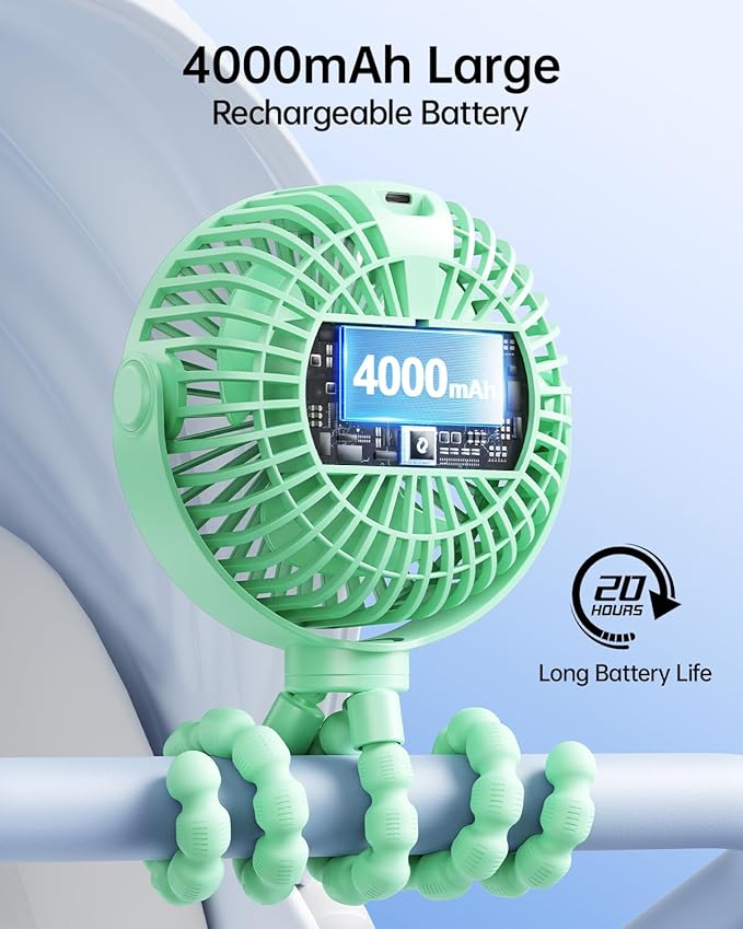 SWEETFULL Portable Stroller Fan with Display 4000mAh Battery Powered Mini Clip On Fan, 4-Speed Rechargeable Small Personal Cooling for Baby Car Seat Crib Travel - Green-BubblyBeeBaby