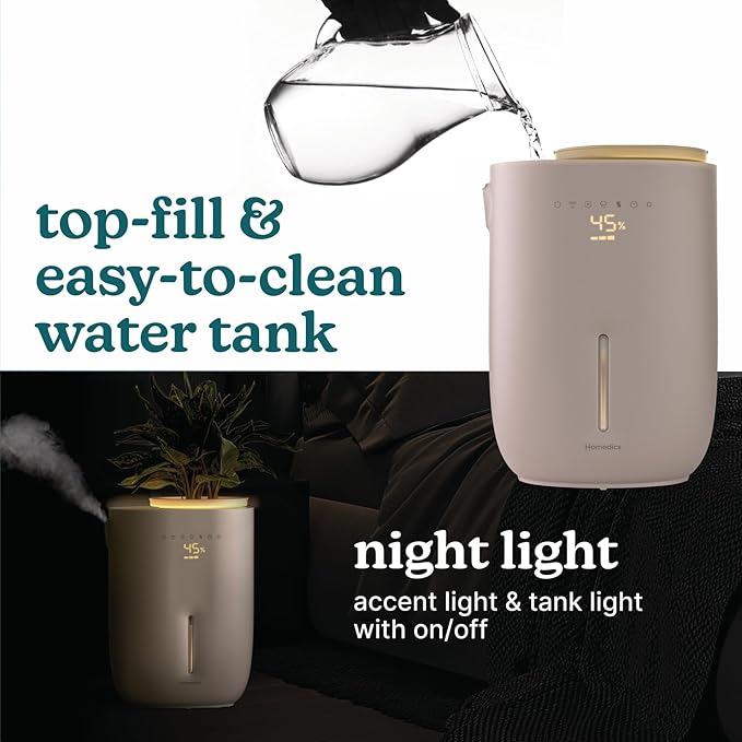 Homedics Natura Ultrasonic Warm & Cool Mist Humidifier, 1.3-Gal for Large Rooms, 60-Hr Runtime, Plant Holder, Programmable Humidity, Auto Shutoff, Nightlight Small Plant Compatible(Plant Not Included)-BubblyBeeBaby