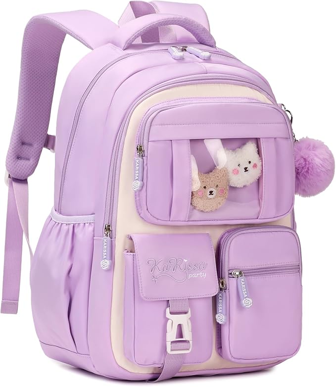 Kids Backpack for Girls School Bags for Middle School Students Book Bag for Elementary Primary Kawaii Ita Backpack, Purple and Beige-BubblyBeeBaby