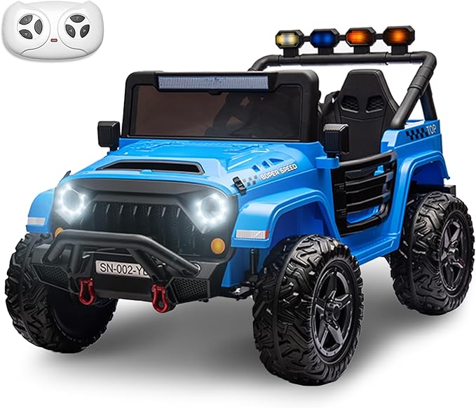 24V 2 Seater Ride On Truck with Remote Control 4WD Electric Car for Kids Ride On Car Battery Powered Ride On Toy Car with Music Player, LED Lights, Bluetooth, Rear Shock Absorber, Blue-BubblyBeeBaby