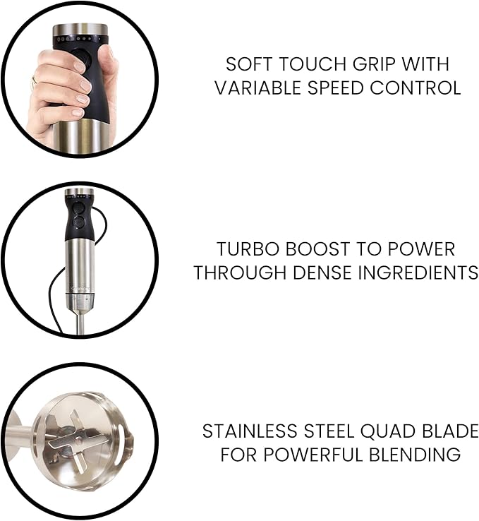Kenmore Immersion Blender - Handheld Stick Mixer For Kitchen, Food Chopper, Whisk, Smoothie Milkshake Maker, Blend Baby Food, Protein Shake, Puree, Batidora De Inmersión Stainless Steel Blade, Black-BubblyBeeBaby