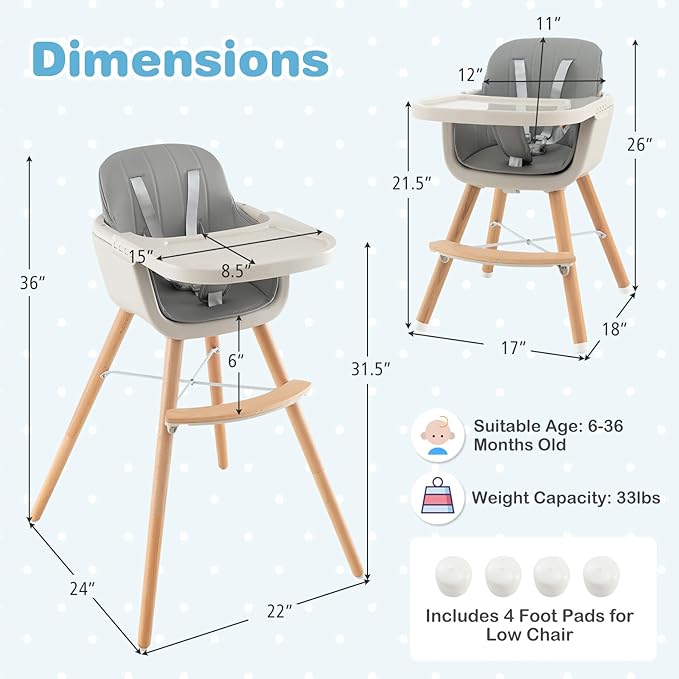 HONEY JOY High Chair, 3-in-1 Eat & Grow Wooden Highchair/Toddler Chair with Removable Tray, 5-Point Harness, PU Cushion and Footrest for Baby, High Chair for Babies and Toddlers(Gray)-BubblyBeeBaby