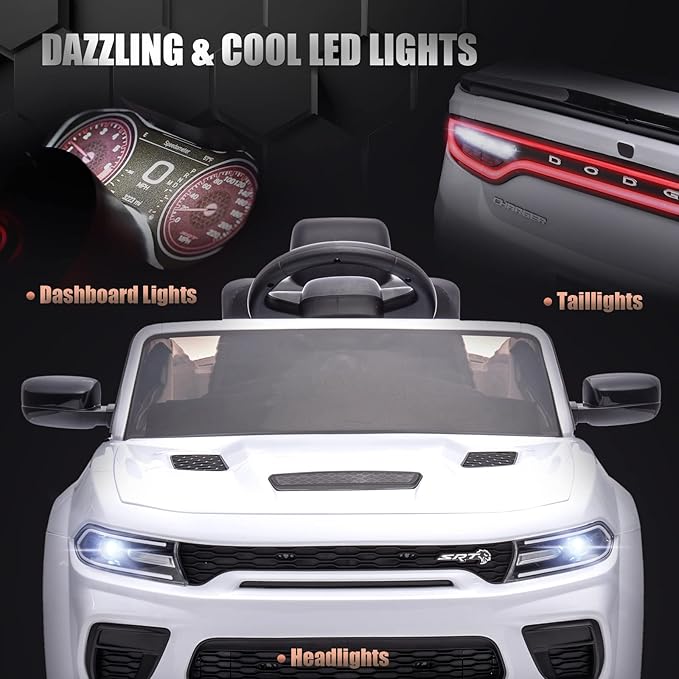 12V 7Ah Kids Electric Ride on Car, Licensed Dodge Charger SRT Hellcat, Battery Powered 4-Wheels Toy Car Electric Vehicle for Kids with Remote Control, 3 Speeds, LED Lights, Music (White)-BubblyBeeBaby