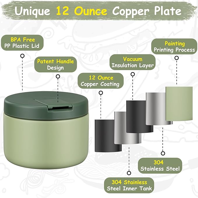 12oz Insulated Vacuum Food Jar with Buckle Lid Wide Mouth Soup Thermo for Hot Food Kids Leakproof Stainless Steel Lunch Container- Green- 1Pack-BubblyBeeBaby