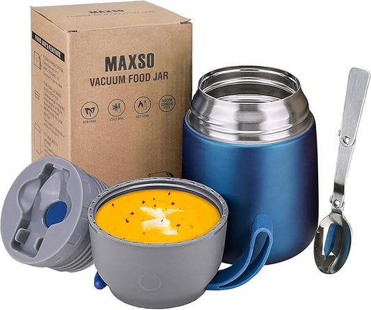 Insulated Thermo Food Jar for Hot & Cold Food for Kids Adult, 17 oz Soup Thermal Hot Food Containers for Lunch, Triple Layer Insulation Stainless Steel Food Jar with Spoon(Blue)-BubblyBeeBaby