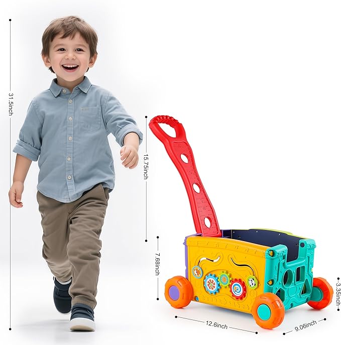 Interactive Learning Push Walker Toy for Toddlers, Musical Activity Wagon with Handle, Educational Rolling Cart with Blocks-BubblyBeeBaby