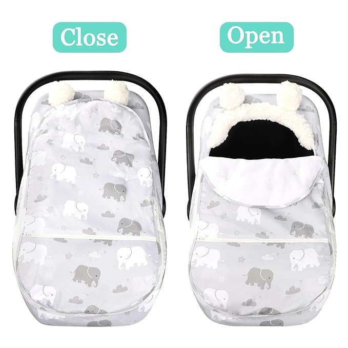 Carseat Cover Boys, Winter Cozy & Warm Cover, Elephant Baby Car Seat Cover, Infant Car Seat Canopy, Ultra-Soft Breathable Protect Baby from Cold Wind, Zipped Removable Design-BubblyBeeBaby