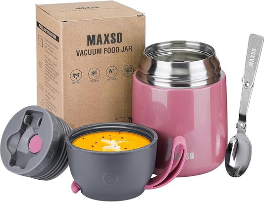 Insulated Food Jar for Hot & Cold Food for Kids Adult,17 oz Soup Thermo Hot Food Containers for Lunch, Triple Layer Insulation Stainless Steel Food Jar with Spoon (Pink)-BubblyBeeBaby