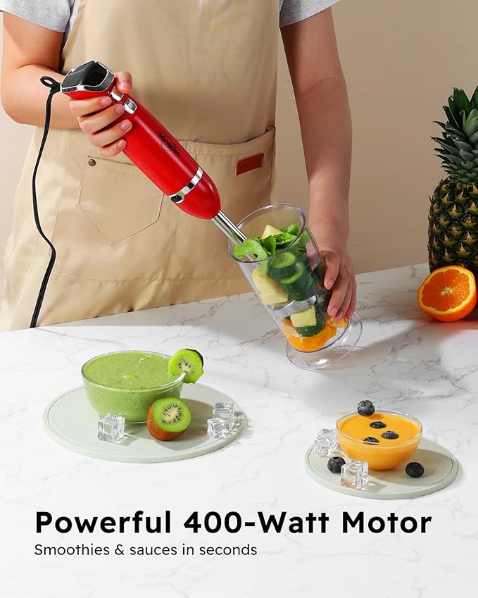 Sangcon Immersion Blender Handheld, 3-in-1 Hand Blender Electric, 400W Handheld Blender, Stainless Steel Blade Stick Blender with Whisk, Milk Frother Attachments - Red-BubblyBeeBaby