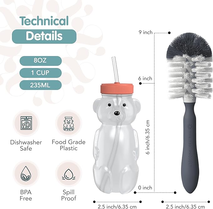 Honey Bear Straw Cup for Babies, 8oz Honey BearCup with Bottle Brush, 2-Pack Improved Lid Therapy Learning Honeybear Straw Cup for Baby Blueberry Pie & Firetruck-BubblyBeeBaby