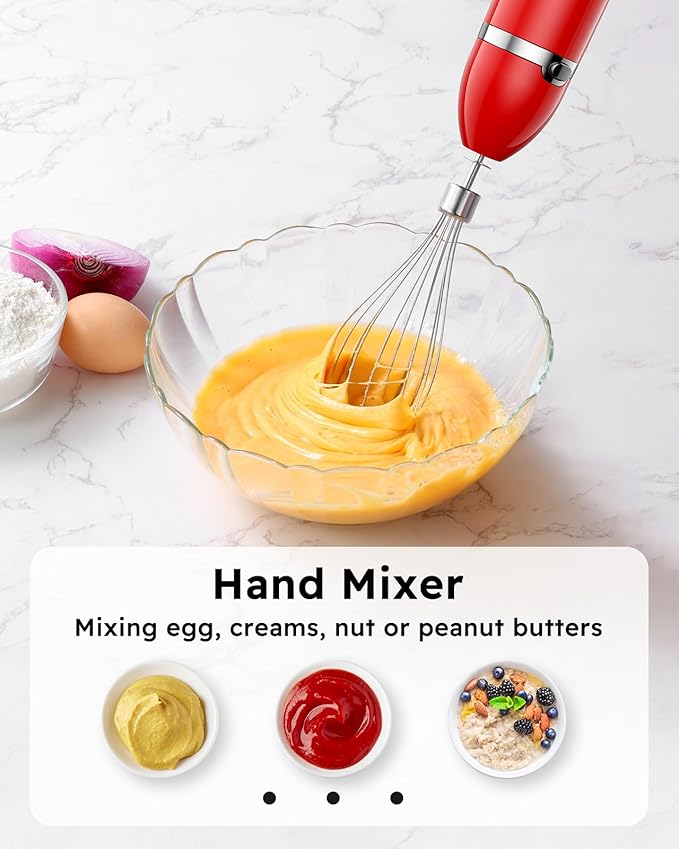 Sangcon Immersion Blender Handheld, 3-in-1 Hand Blender Electric, 400W Handheld Blender, Stainless Steel Blade Stick Blender with Whisk, Milk Frother Attachments - Red-BubblyBeeBaby