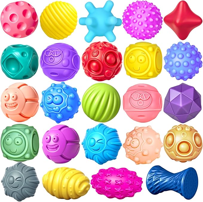 24 Pcs Sensory Balls for Toddlers, Sensory Baby Toys, Montessori Toy for Babies Squeeze, Infant Toys Soft Multi Ball Set Gifts with Bright Color Textured-BubblyBeeBaby
