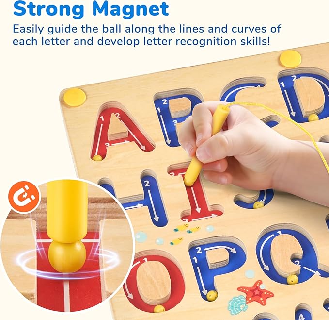 JoyCat Magnetic Letter Tracing Board, Wooden Alphabet Tracing Board for Toddlers ABC Magnets Letter Writing Practice, Magnetic Maze Preschool Learning Educational Toys for Kids 3-5-BubblyBeeBaby