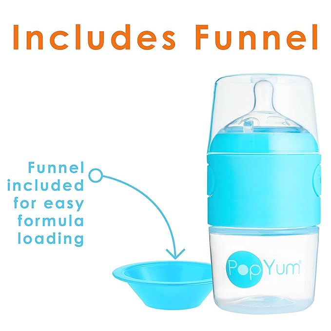 PopYum 5 oz Blue Anti-Colic Formula Making/Mixing/Dispenser Baby Bottles, 3-Pack with #1 Slow Flow Nipples, 150 ml, BPA-Free, Natural Latch-BubblyBeeBaby