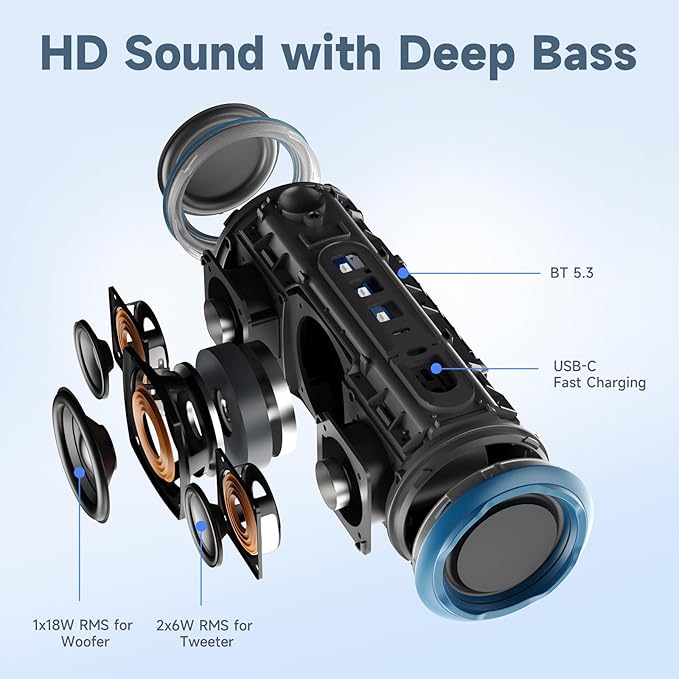 IPX7 Waterproof Bluetooth Speaker - 30W HD Sound, 8H Playtime, TWS Pairing, BT5.3, Portable for Pool/Beach/Shower, Blue Gift-BubblyBeeBaby