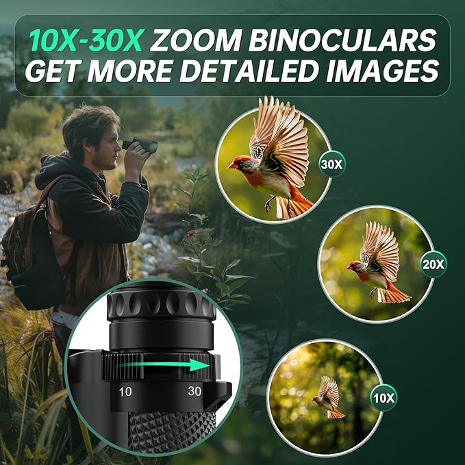 10-30x25 Small Compact Binoculars for Adults - WOZEL High Powered Zoom Binoculars for Bird Watching Hunting Hiking Travel Sports - Lightweight Binocular with Large & Bright Field of View for Kids-BubblyBeeBaby